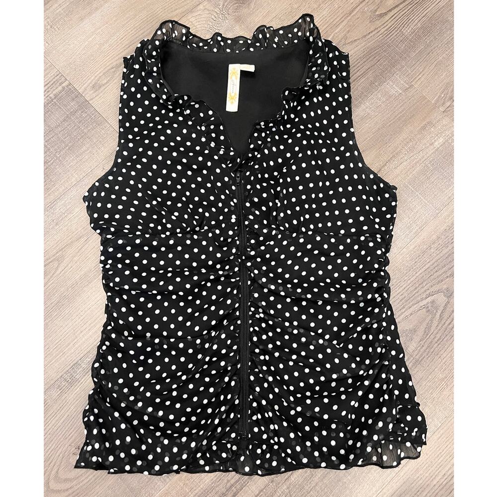 Adiva Black & White Polka Dot Zip Sleeveless Ruched Blouse
